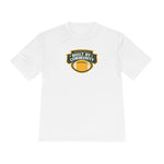 White t-shirt with a football-themed logo and text on a white background