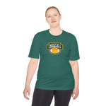 Person wearing a green t-shirt with a logo and text on a white background