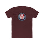 Maroon t-shirt with a logo on the chest against a white background