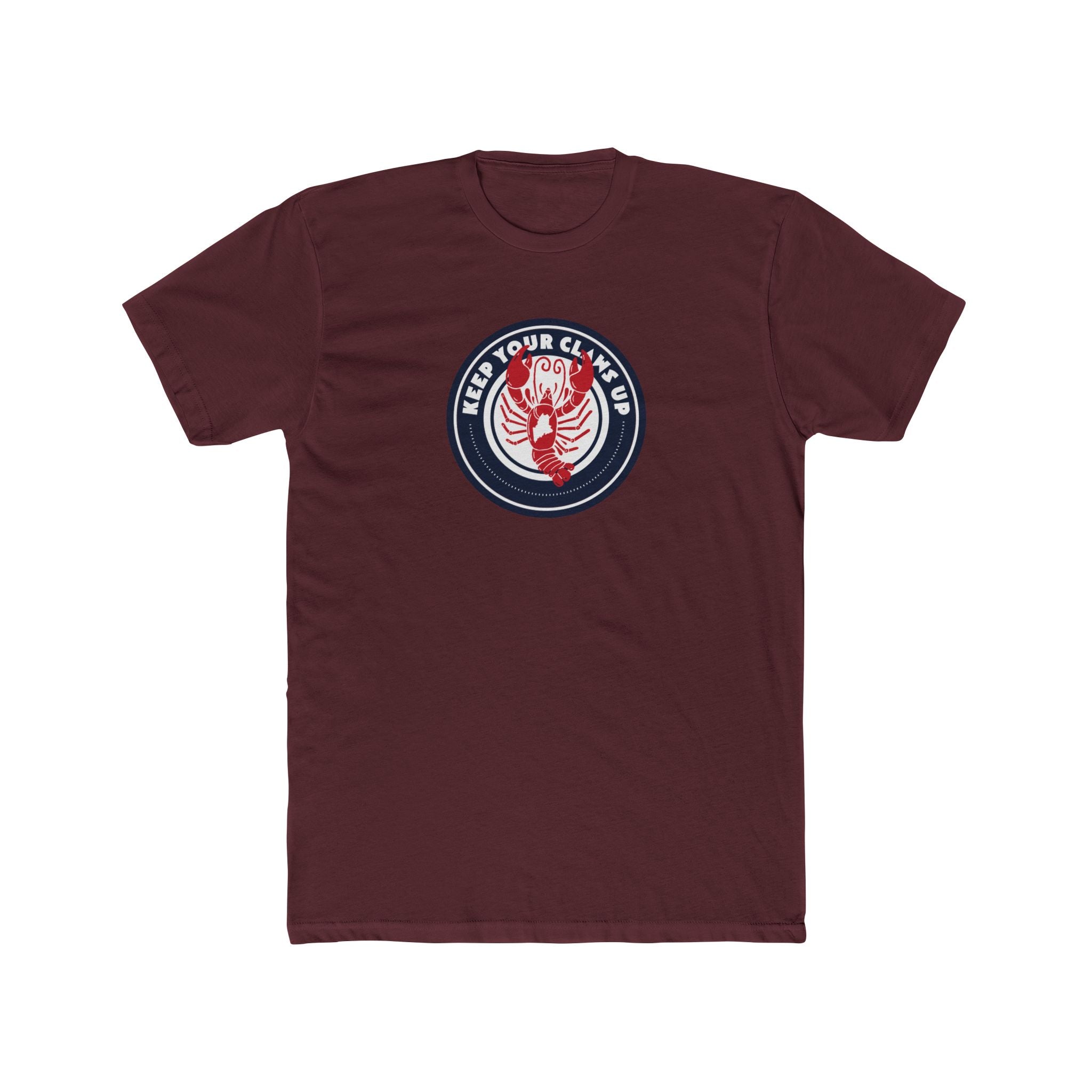 Maroon t-shirt with a logo on the chest against a white background
