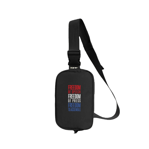 Black sling bag with 'Freedom of Speech, Freedom of Press, Freedom to Assemble' text on a white background