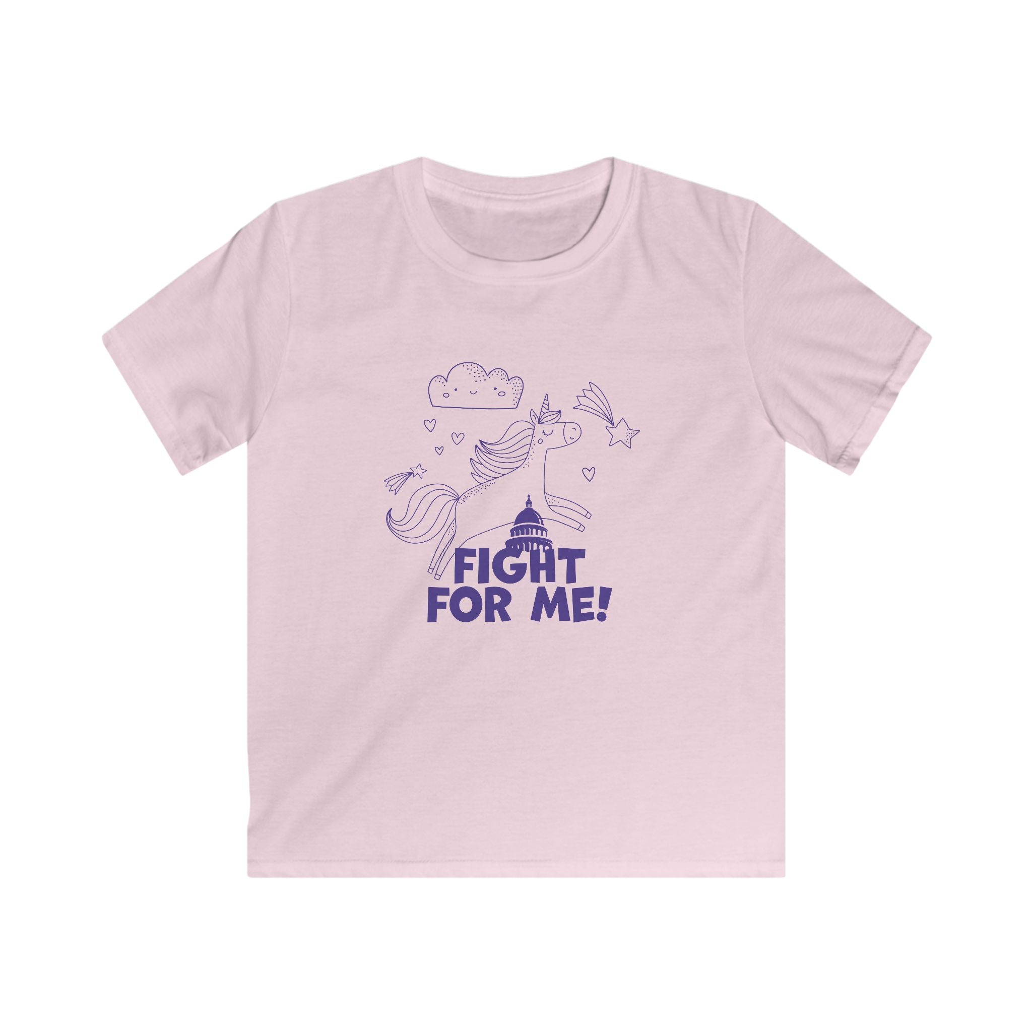 Pink t-shirt with purple graphic and text 'Fight for Me!' on a white background