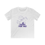 White t-shirt with purple graphic and text 'Fight for Me!' on a white background