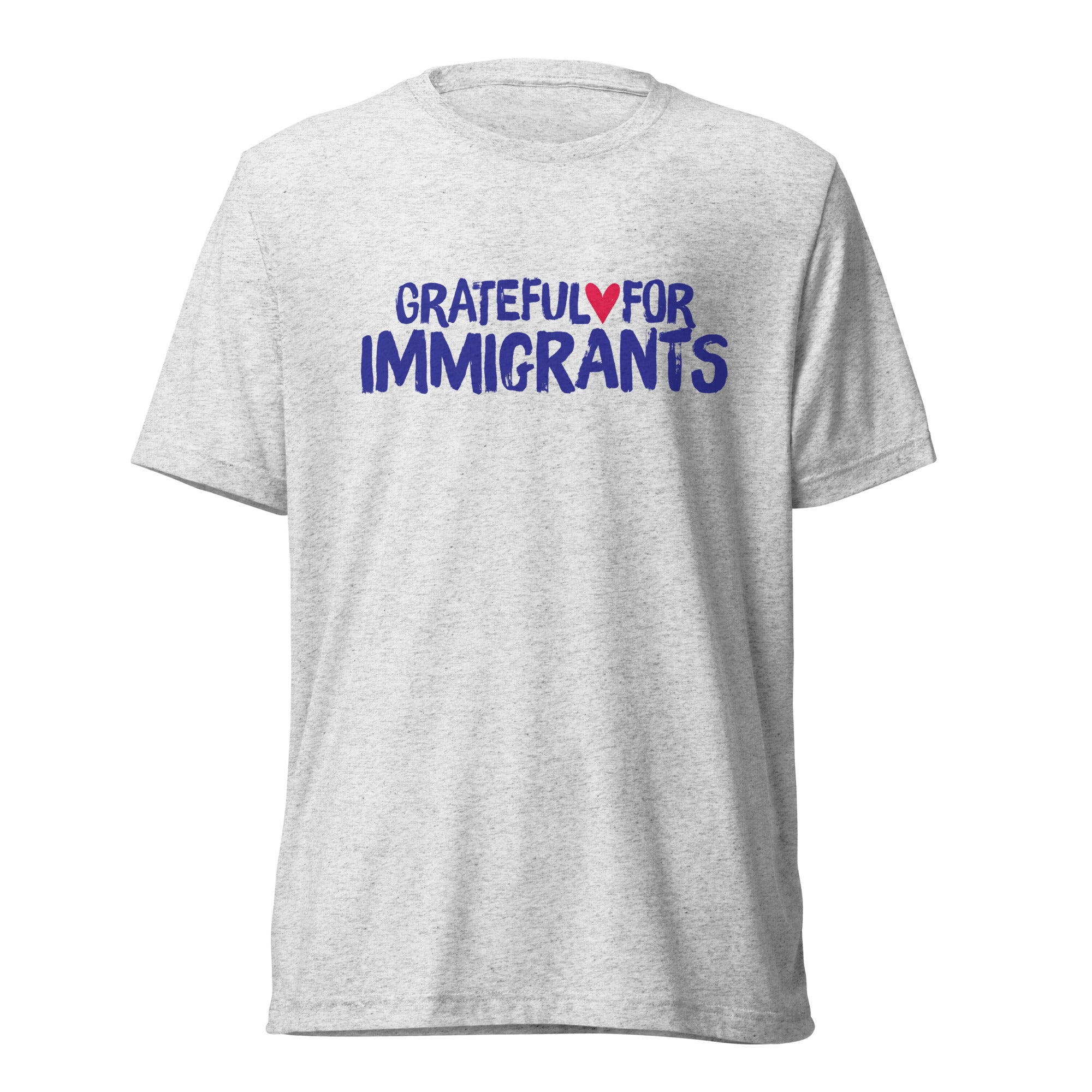 Gray t-shirt with 'Grateful for Immigrants' text on a white background