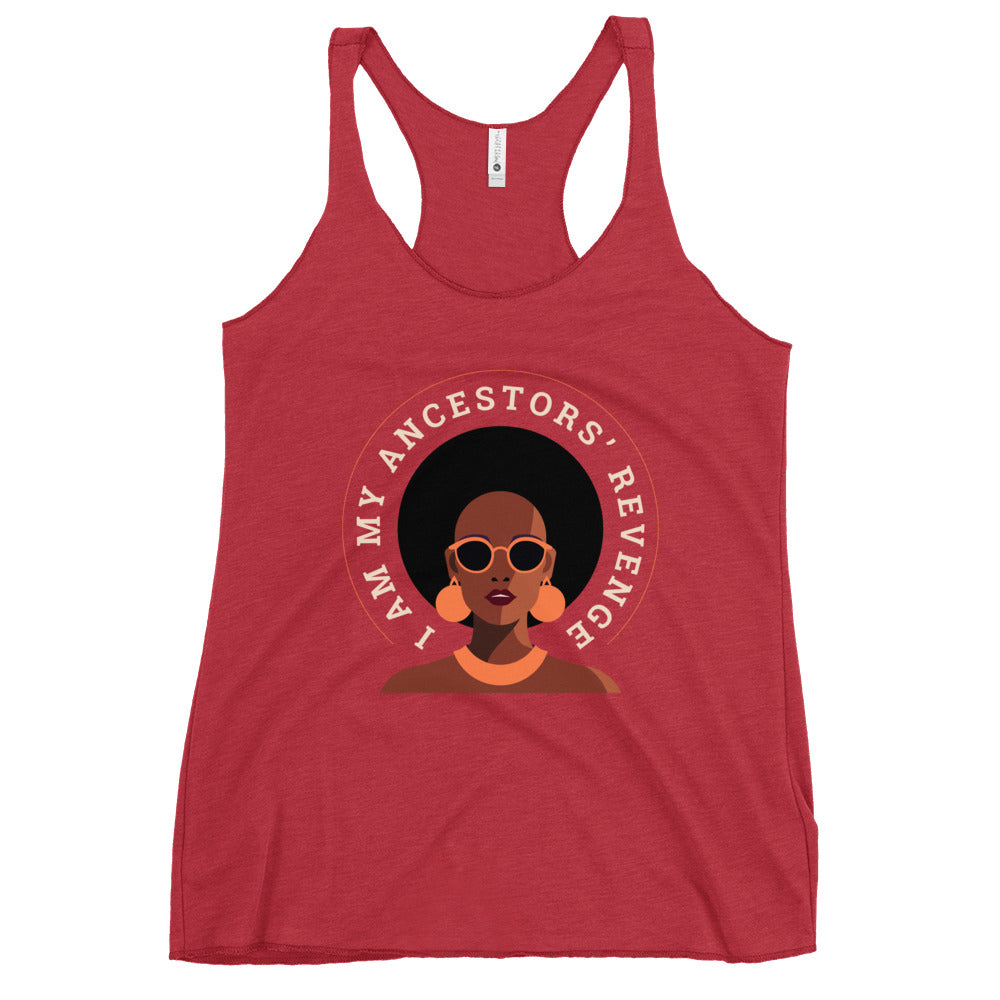 Red tank top with a graphic of a woman's face and text on a white background