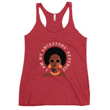 Red tank top with a graphic of a woman's face and text on a white background