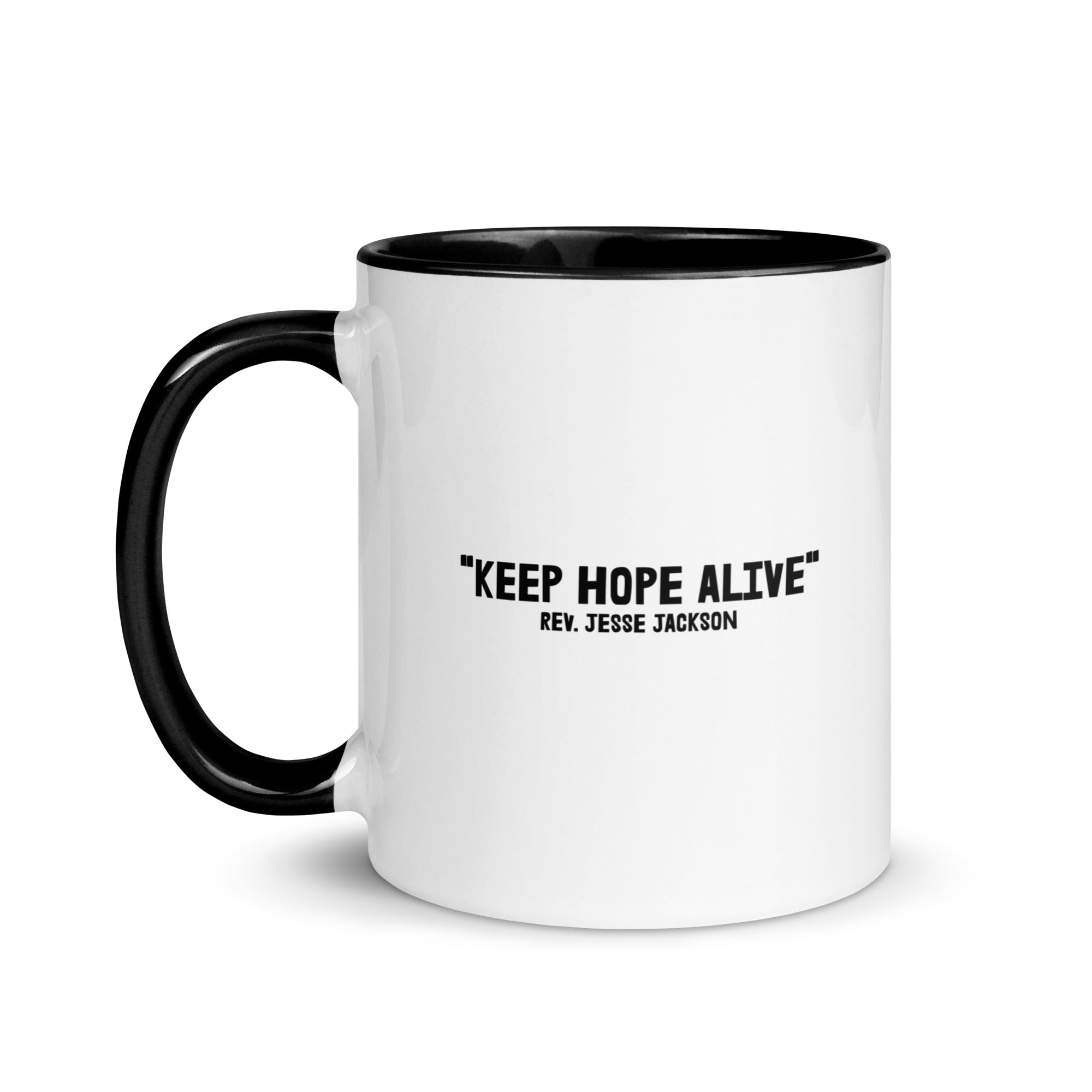 White mug with green interior and handle, featuring the quote ‘Keep Hope Alive’ as said by Jessie Jackson