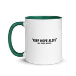 White mug with green handle and interior, featuring 'Keep Hope Alive' quote by Rev. Jesse Jackson.