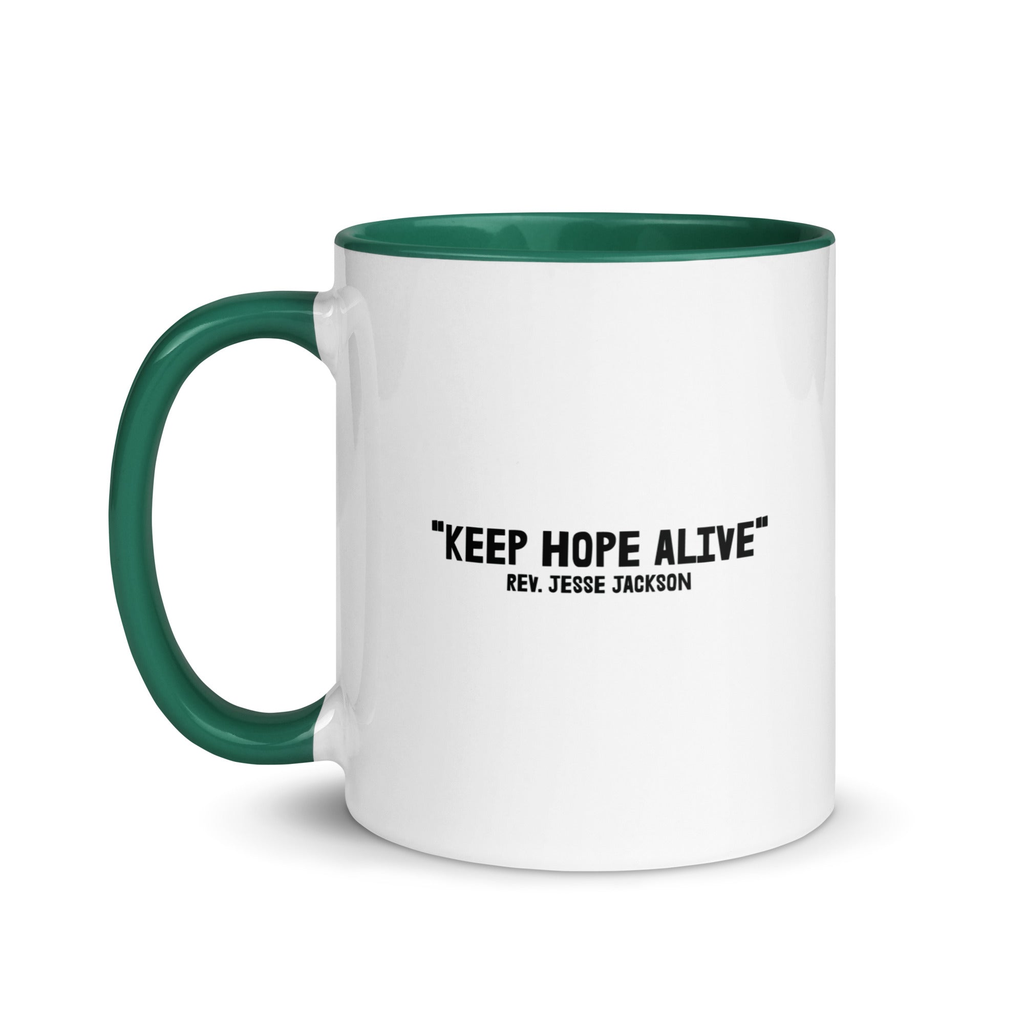 White mug with green handle and interior, featuring 'Keep Hope Alive' quote by Rev. Jesse Jackson.
