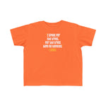 Orange t-shirt with white text on a white background