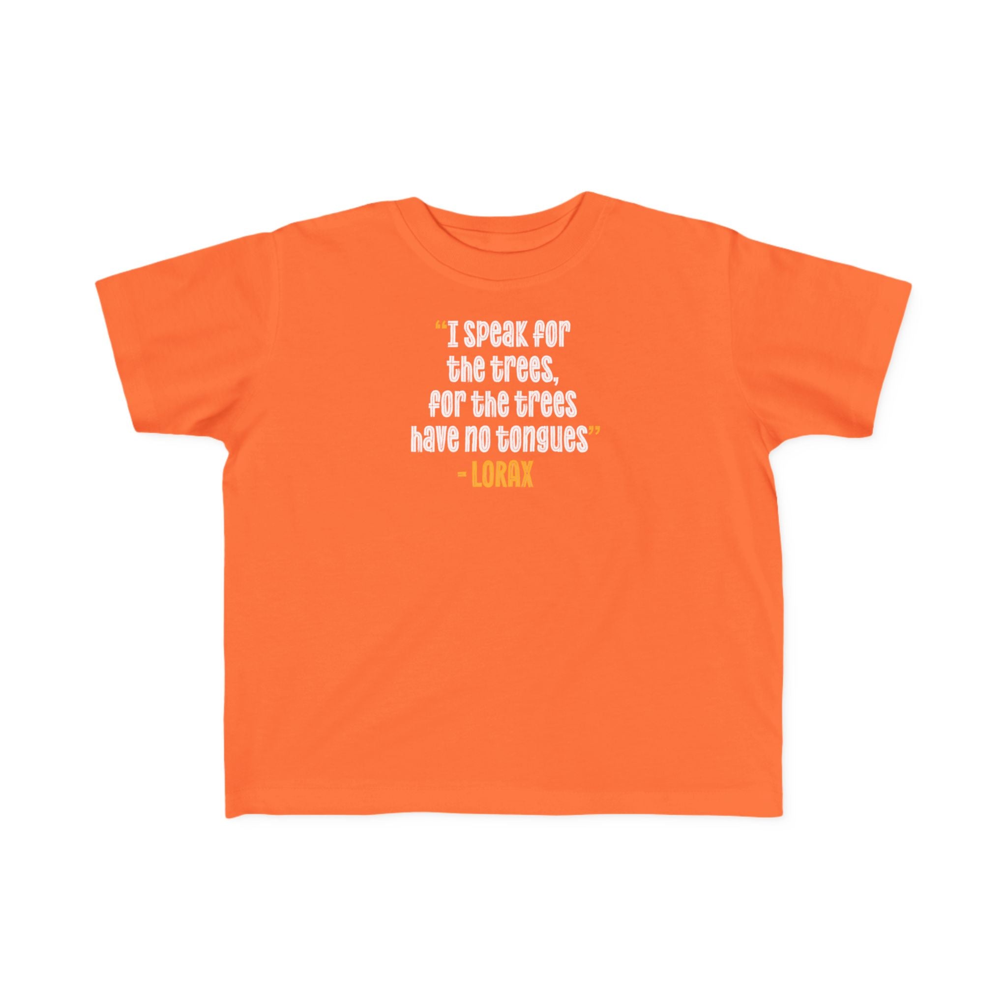 Orange t-shirt with white text on a white background