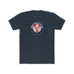 Navy blue t-shirt with a red and white graphic on a white background