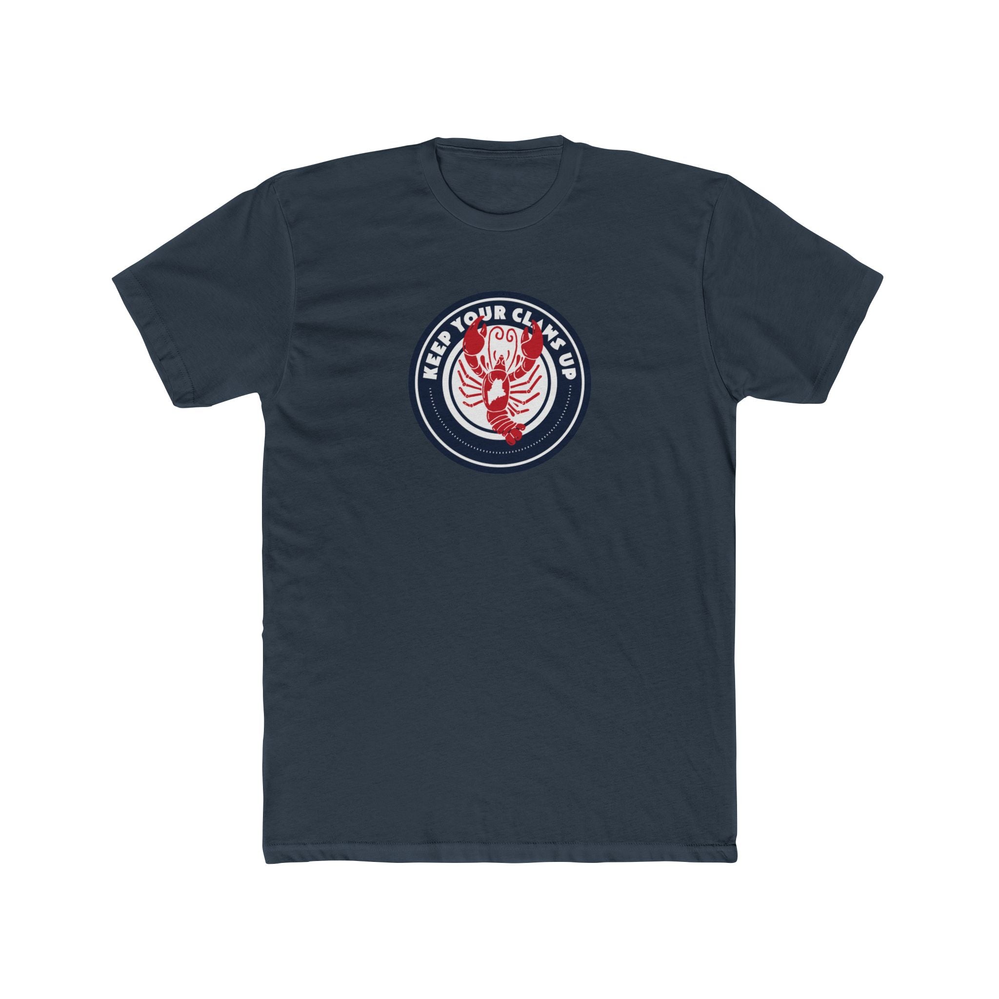 Navy blue t-shirt with a red and white graphic on a white background