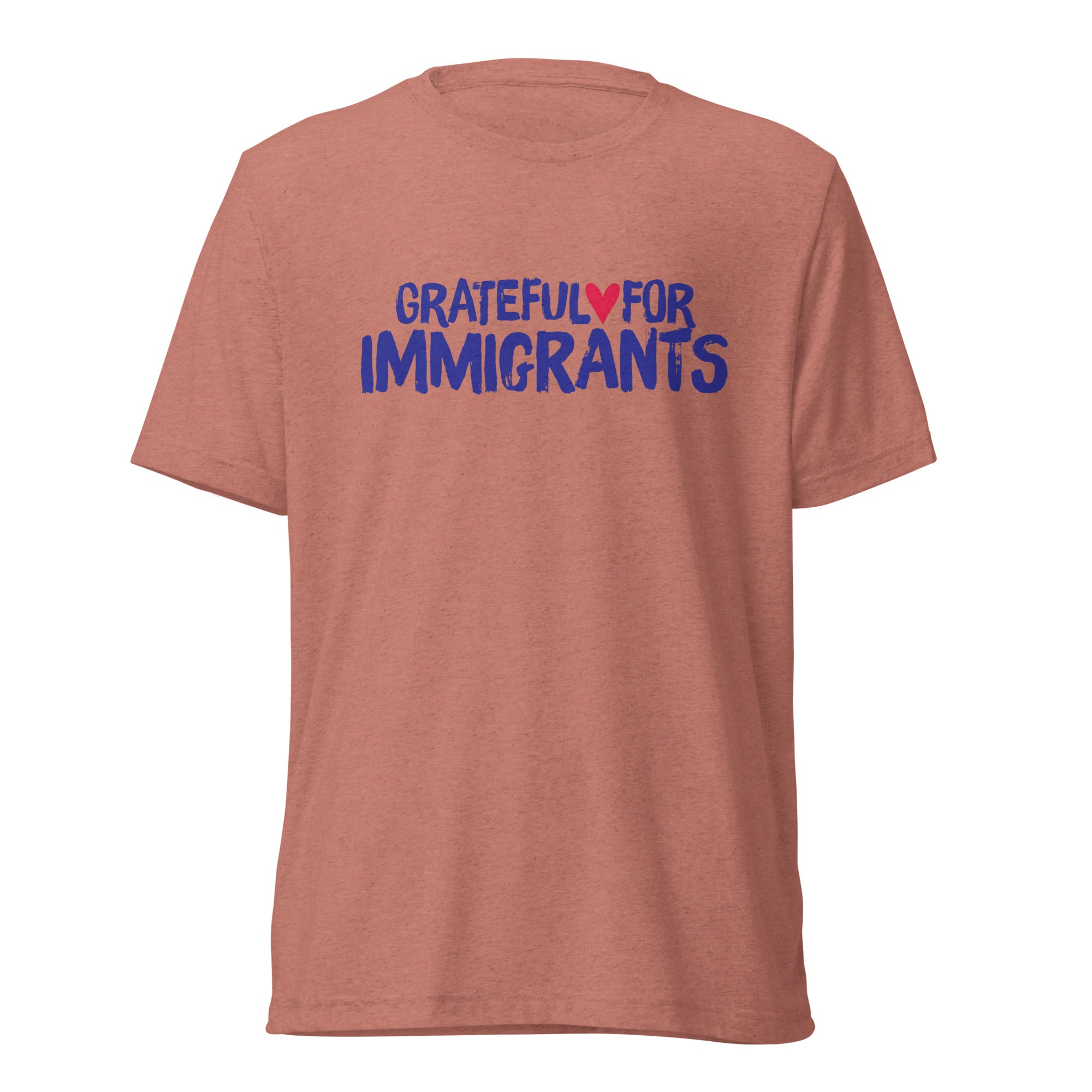 Red t-shirt with 'Grateful for Immigrants' text on a white background