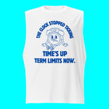 A white sleeveless tank top with a blue graphic print of a clock character and the text 'THE CLOCK STOPPED TICKING TIME'S UP TERM LIMITS NOW.' on a plain white background.