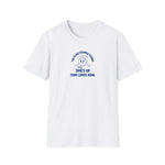White t-shirt with blue graphic and text on a white background