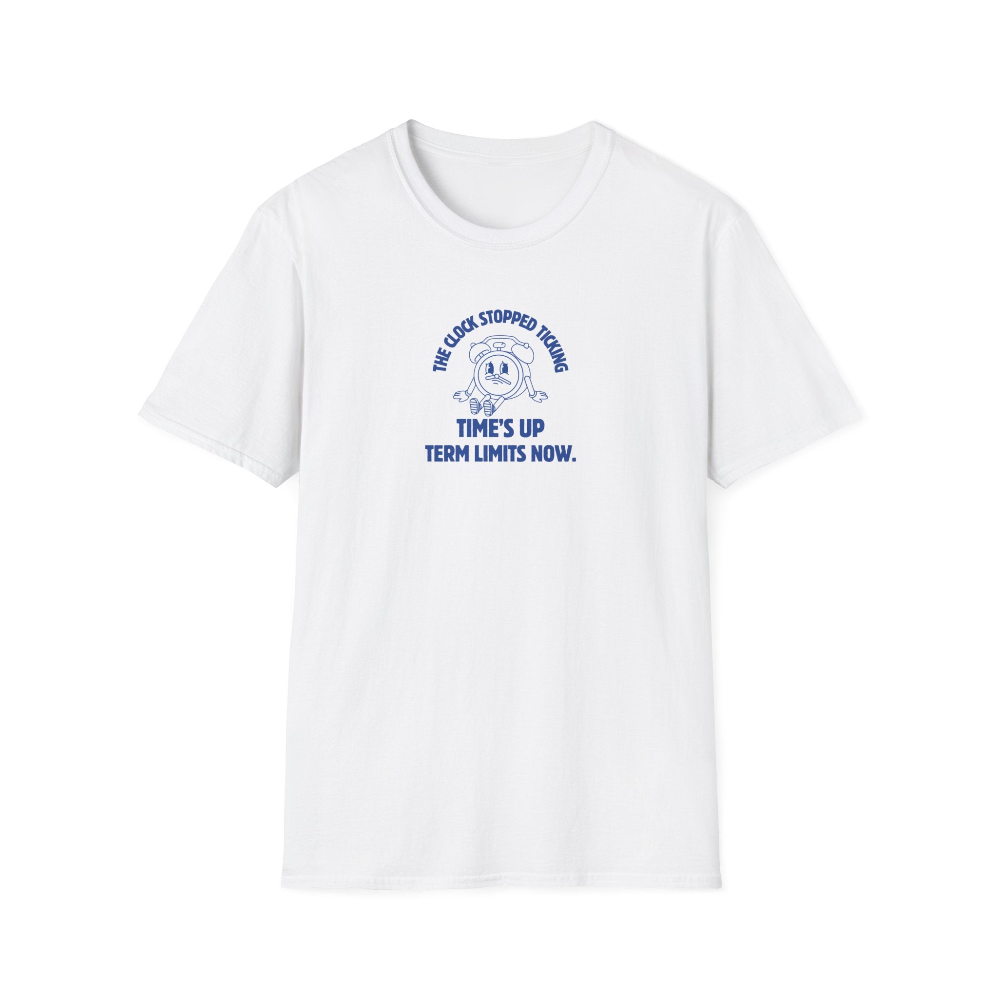 White t-shirt with blue graphic and text on a white background