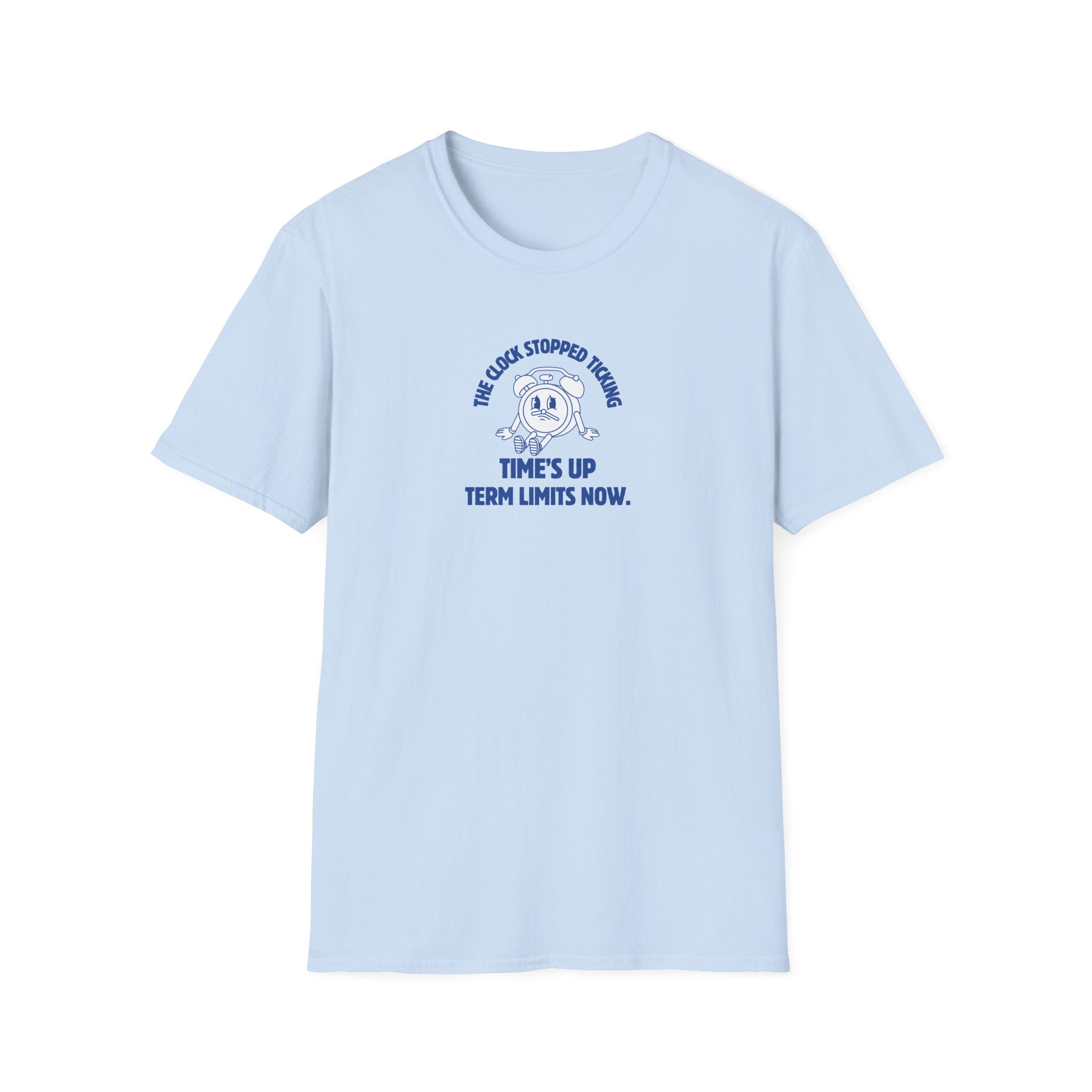 Light blue t-shirt with a graphic and text on a white background
