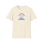 Beige t-shirt with blue graphic and text on a white background