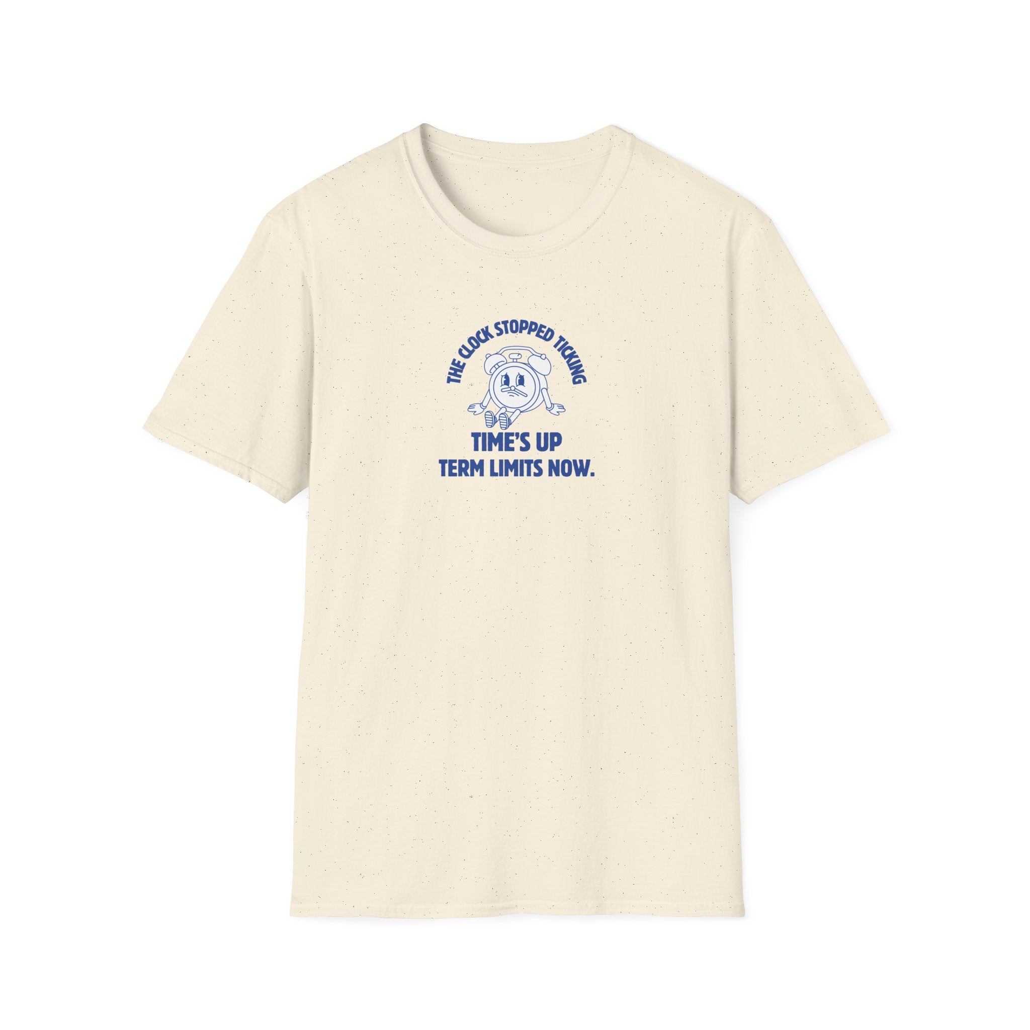 Beige t-shirt with blue graphic and text on a white background