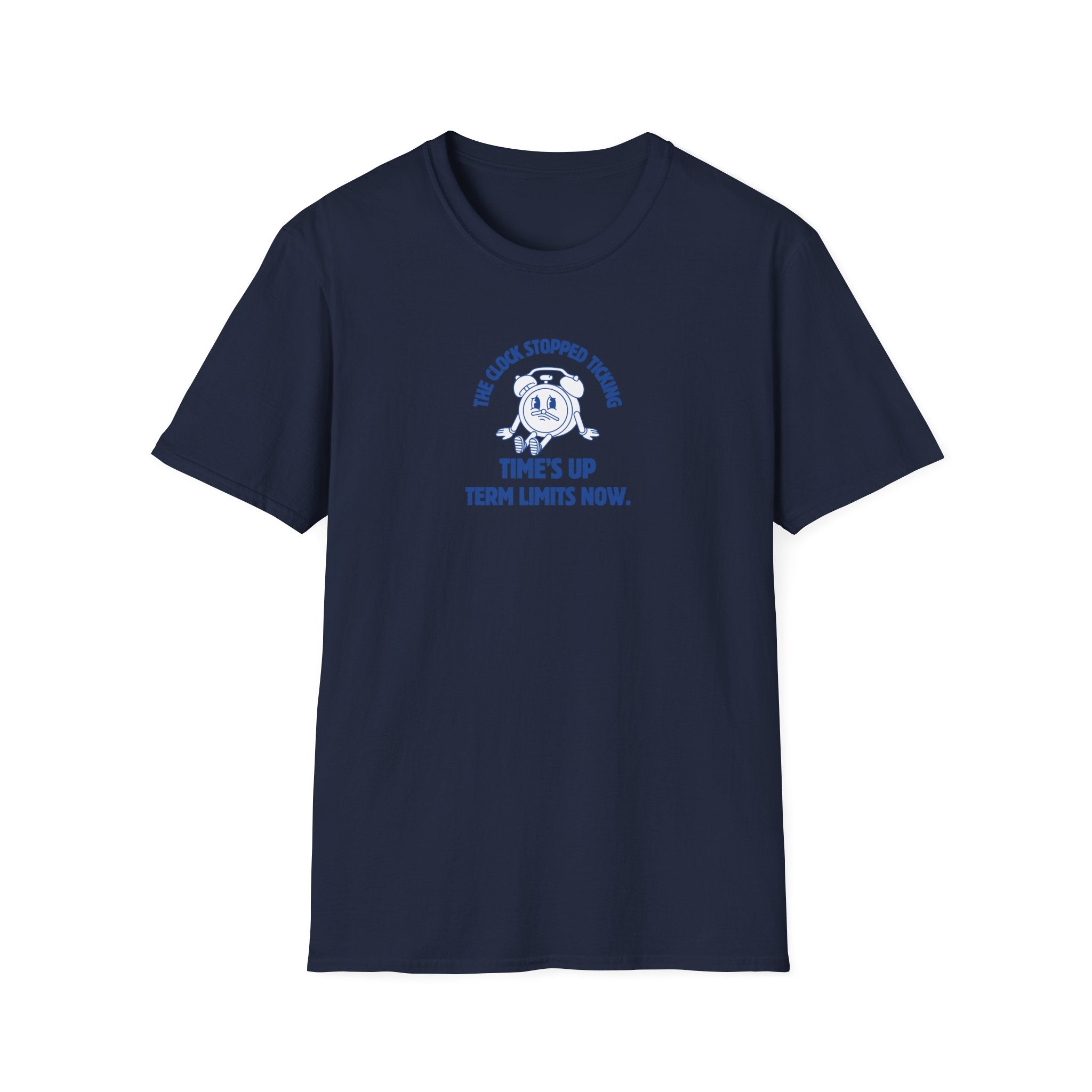 Navy blue t-shirt with a yellow star and text on a white background
