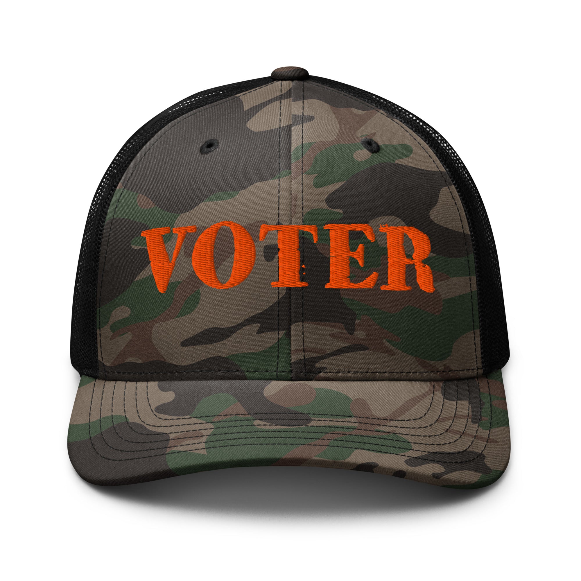 Camouflage cap with 'Voter' in orange on a white background