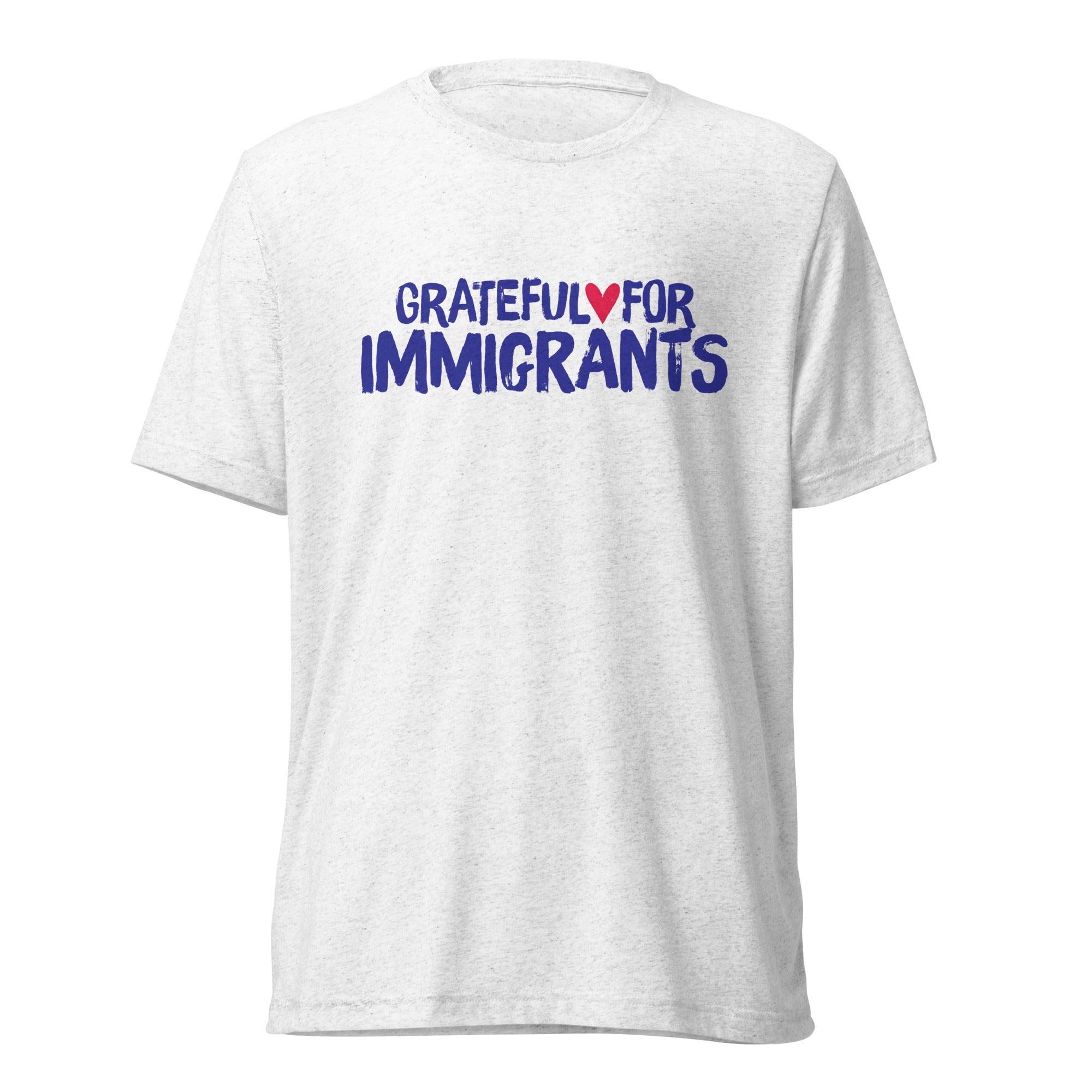White t-shirt with 'Grateful for Immigrants' text on a white background