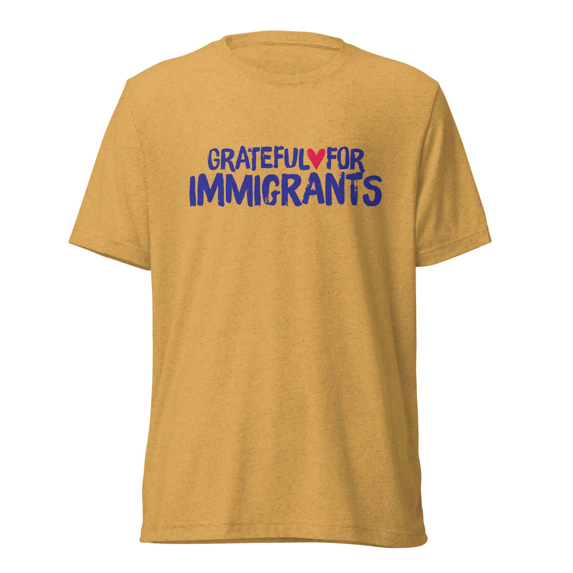 Yellow t-shirt with 'Grateful for Immigrants' text on a white background